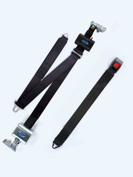 Retractable shoulder/lap belt combo assembly with retractable height adjuster. Shoulder belt mounted with L Track fitting on top and bottom and 131 degree angle bracket