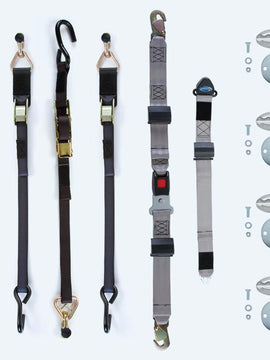 Q Straint System M-Series; 4 M-Series Manual Belts (2 rear over-center and 2 front cam) for L-Track; Integrated Lap Belt, Fixed Shoulder Belt and 4 Oval L-Pockets. (Series L Track)